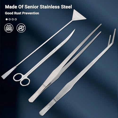 Segarty Longer Aquarium Aquascaping Tools, 4 in 1 Stainless Steel Silver Aquarium Tools Kit for Aquatic Plant Fish Tank, Scraper Spatula Feeding Tweezers Curved Scissors Anti Rust Aquascape Set