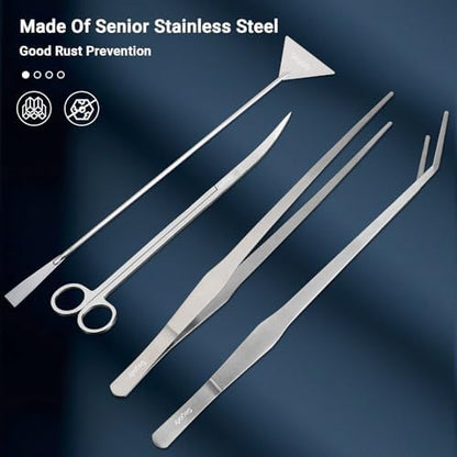 Segarty Longer Aquarium Aquascaping Tools, 4 in 1 Stainless Steel Silver Aquarium Tools Kit for Aquatic Plant Fish Tank, Scraper Spatula Feeding Tweezers Curved Scissors Anti Rust Aquascape Set