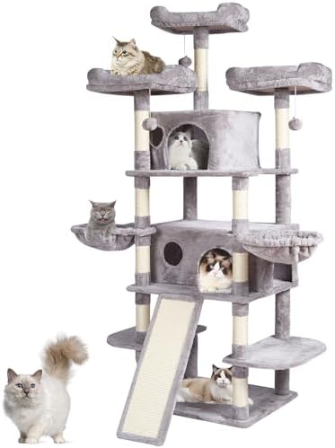 VEVOR Cat Tree for Indoor Cats, 68.5" Cat Tower with 2 Cat Condos, Sisal Scratching Post, Hammocks, Top Perches, Jumping Platforms and Ramp, Cat Furniture Activity Center with Hang Balls, Light Grey