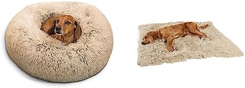 Best Friends by Sheri The Original Calming Donut Cat and Dog Bed in Shag Fur Taupe, Small 23" and Blanket, Taupe, 30"x40"