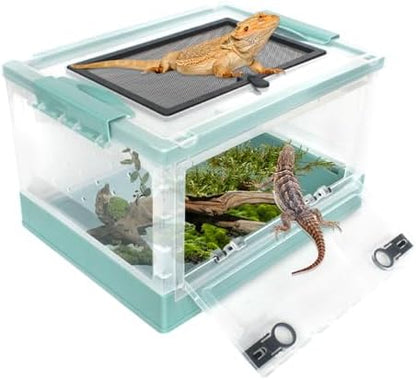 PINVNBY Plastic Reptile Feeding Box with Wheels,Reptiles Breeding Enclosure Cages Transparent Amphibians Habitat Terrarium Tank Portable Transport Container for Lizard,Bearded Dragon(Blue)