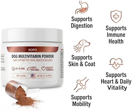 Kopo Dog Multivitamin Powder | Supports Heart, Daily Vitality, Immunity, Digestion, Skin & Coat and Hip & Joint | Dog Vitamins from Real Foods | Beef Flavor | All Breeds | Made in USA | 66 Scoops