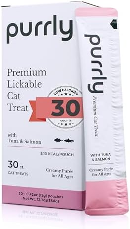Purrly Squeezable Cat Treats Wet Healthy Interactive Hydrating Human-Grade Tuna & Salmon with Omega-3 & 6 for Skin & Coat (30 Count) Lickable Creamy Puree Topper Wild-Caught No-Artificial-Additives