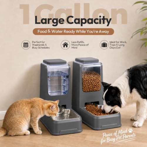 Automatic Cat Feeder and Water Dispenser Set with Stainless Steel Bowls, Gravity Dog Food and Waterer Large Capacity Pet Feeder for Small Medium Kitty Puppy, Gray
