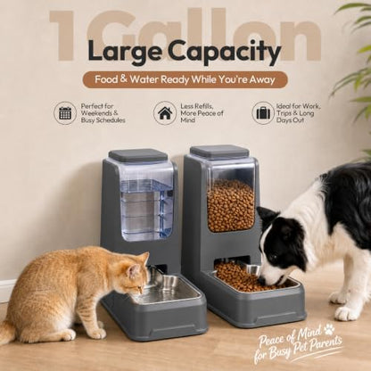 Automatic Cat Feeder and Water Dispenser Set with Stainless Steel Bowls, Gravity Dog Food and Waterer Large Capacity Pet Feeder for Small Medium Kitty Puppy, Gray