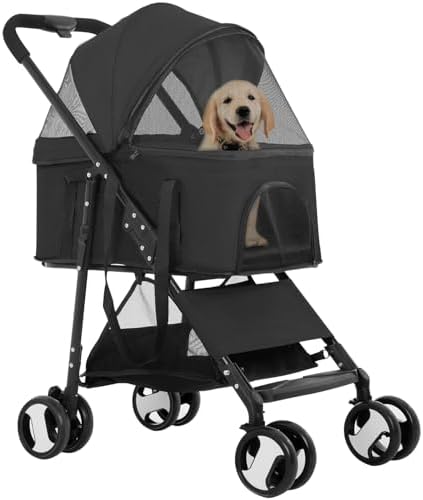 FDW 4-Wheels Multi-Function Dog Stroller Jogger with Detachable Carrier, Lightweight Travel Stroller for Small & Medium Pets, Black