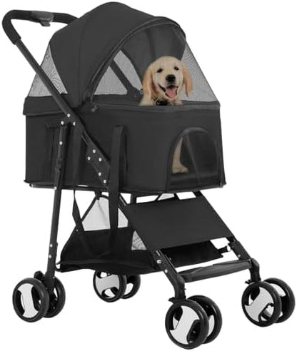 FDW 4-Wheels Multi-Function Dog Stroller Jogger with Detachable Carrier, Lightweight Travel Stroller for Small & Medium Pets, Black