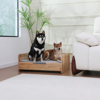 Elevated Dog Bed for Small to Medium Dogs – 32” x 21” Indoor Wooden Pet Sofa with Soft Cushion, Mid-Century Modern Style, Sturdy & Stylish (Natural)