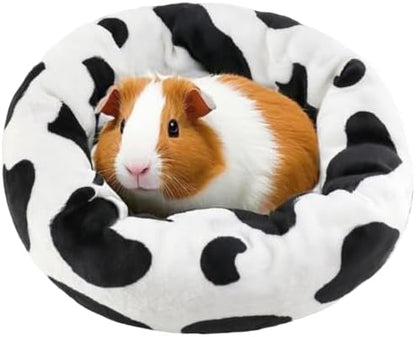 Guinea Pig Bed Soft Washable Donut-Shaped Burrowing Pet Bed for Dwarf Rabbits, Hedgehogs, Chinchillas, Ferrets, Rats Small Animal Mat for Snuggling and Playtime - Cow Pattern