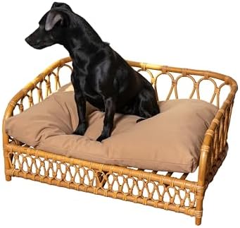 DBD1005A Elevated 27.5" x 17" Bohemian Handwoven Rattan Dog Daybed with Machine-Washable Cushion, Natural
