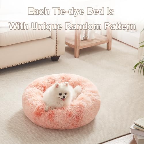 23 in Faux Fur Fluffy Donut Dog Bed for Small Dogs,Tie-dye Pink