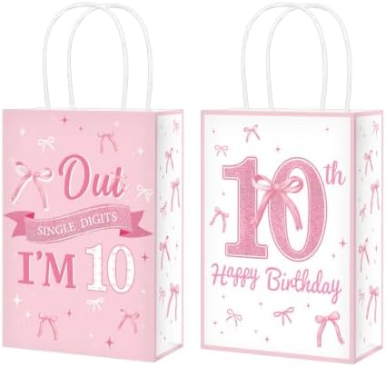 16Pcs Pink Bow 10th Birthday Party Favor Bags Cute Bow Goodie Bags