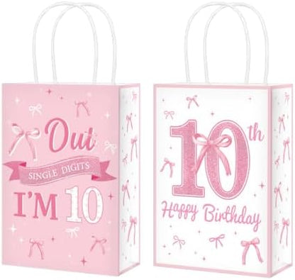 16Pcs Pink Bow 10th Birthday Party Favor Bags Cute Bow Goodie Bags
