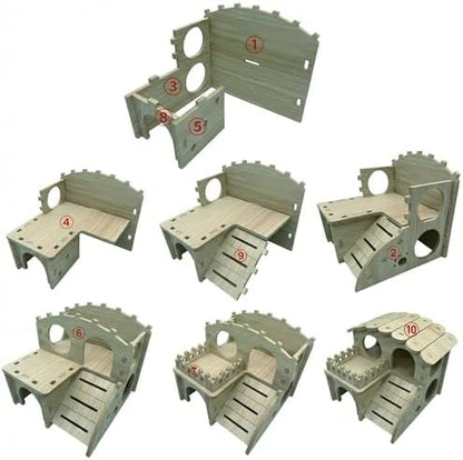 Multi-Chamber Wooden Hamster Hideout, House and Cage Accessory, Model 2