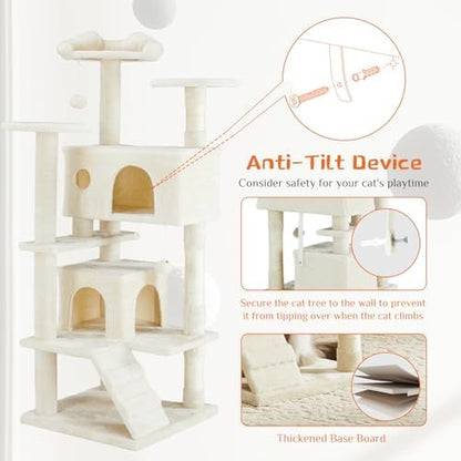 Sweetcrispy 54-Inch Cat Tree Tower – Multi-Level with Sisal Scratching Post, Perfect Pet Gift, Indoor Condo with Climbing Ladder, Plush Toy, and More Animal Stuff, Beige