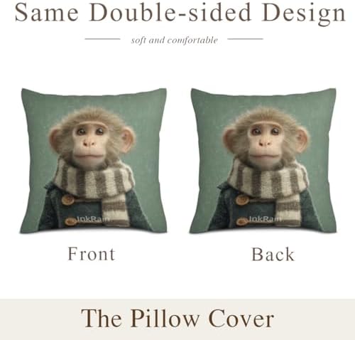 InkRain Winter Animal Cute Monkey Pillow Cover 26x26 Inch Set of 2 Home Decor Decorative Cotton Linen Illustration Pillowcases for Living Room House Sofa
