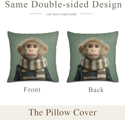 InkRain Winter Animal Cute Monkey Pillow Cover 20x20 Inch Set of 2 Home Decor Decorative Cotton Linen Illustration Pillowcases for Living Room House Sofa