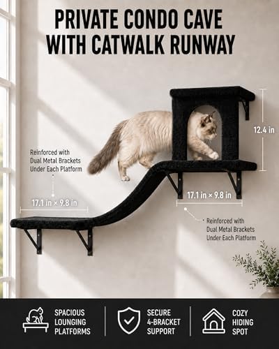 Wall Mounted Cat Furniture Set of 4 – 4 in 1 Cat Wall Shelves with Hammock, Bridge, Climbing Tree & Perch – Shelves for Large Cats, Holds Up to 30 lbs, Indoor Playground