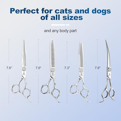 GLADOG Luxury Dog Grooming Scissors Set - 7" Straight, 6.5" Thinning, 7" Chunkers, 7" Curved - 9CR Steel, Silver Luxe, Right Hand, Plastic Handle, 4 Count