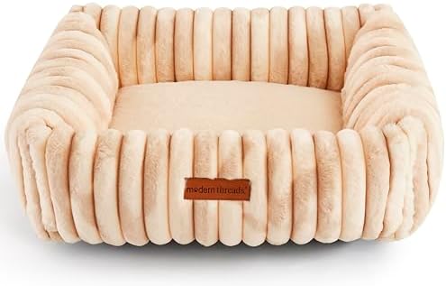 Modern Threads Ribbed Plush Two-Tone Cuddler Dog Bed, Ultra-Soft Faux Rabbit Fur, Supportive Bolstered Sides, Removable Washable Cover, Bed for Small to Medium Dogs, Cream, (24" L x 20" W x 8" Th)