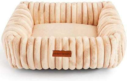 Modern Threads Ribbed Plush Two-Tone Cuddler Dog Bed, Ultra-Soft Faux Rabbit Fur, Supportive Bolstered Sides, Removable Washable Cover, Bed for Small to Medium Dogs, Cream, (24" L x 20" W x 8" Th)