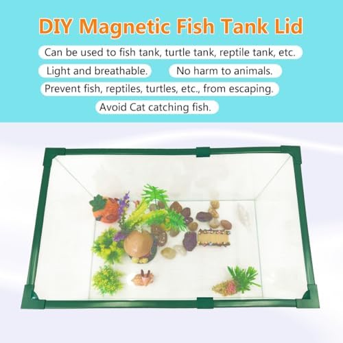 Magnetic Fish Tank Lid Green Frame Grey Fiberglass Mesh, DIY Fish Tank Cover Adjustable Size Fit Tank Size Max 35''X19'' for Preventing Fish from Jumping Out and Reptile Escaping