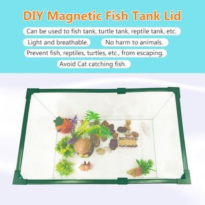 Magnetic Fish Tank Lid Green Frame Grey Fiberglass Mesh, DIY Fish Tank Cover Adjustable Size Fit Tank Size Max 35''X19'' for Preventing Fish from Jumping Out and Reptile Escaping