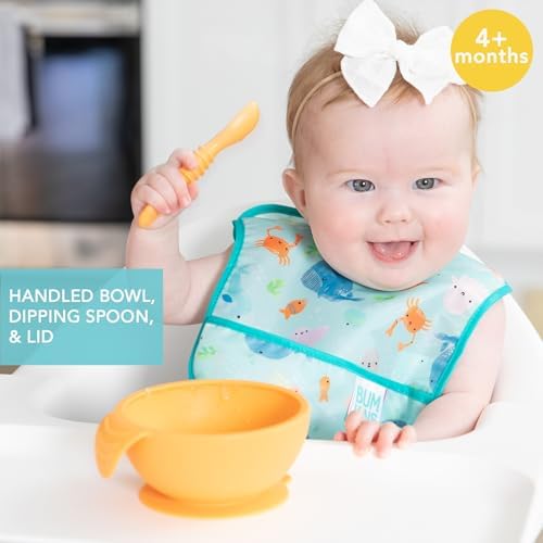 Bumkins Baby Bowl, Silicone Feeding Set with Suction for Baby and Toddler, Includes Spoon and Lid, First Feeding Set, Training Essentials for Baby Led Weaning for Babies 4 Months Up, Tangerine