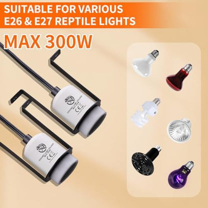 Reptile Ceramic Heat Lamp Holder Heat Light Heater for Terrariums and Vivariums, Lizard Heat Lamp Bracket Light Fixture (Cord 150cm, Max 300W-2 Pack)