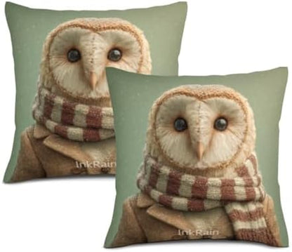 InkRain Winter Animal Cute Owl Pillow Cover 12x12 Inch Set of 2 Home Decor Decorative Cotton Linen Illustration Pillowcases for Living Room House Sofa