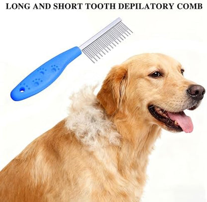 4 Pack Pet Grooming Combo - Blue Deshedding Brush,With Metal Comb,Bath Brush, With Long & Short Stainless Steel Teeth Depilatory Comb For Detangling And Dematting Long, Matted Fur On Cats And Dogs
