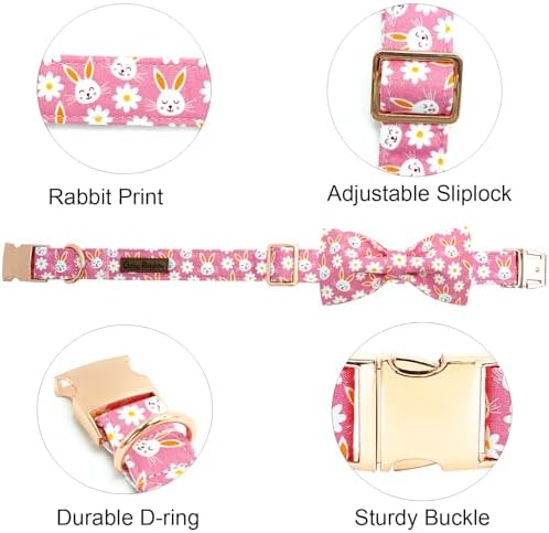 Easter Dog Collar-Pink Rabbit Adjustable Cute Pet Collar Soft Pink Flower Dog Collars with Bow Tie Holiday Cotton Metal Buckle Puppy Collar Gift for Medium Dogs