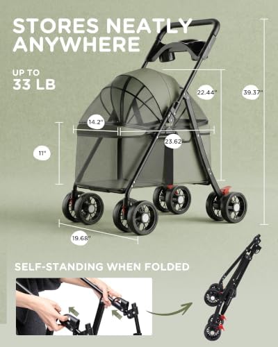 GTPLAYER Foldable Pet Stroller for Small Dogs and Cats, Hold Up to 33 lb, 4-Wheel Stroller with 2 Safety Tethers, Breathable Mesh, Lockable Front Wheels, Cup Holder/Tray & Storage Pocket, Forest Green
