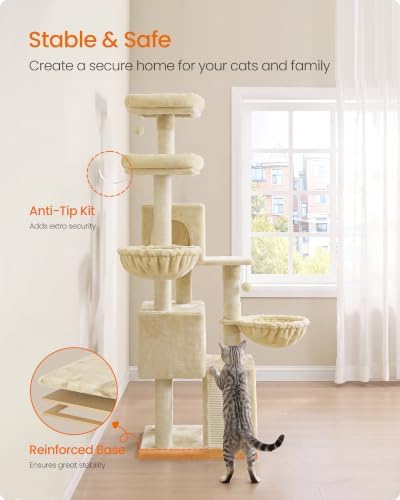 Feandrea Cat Tree, 68.5-in Tall Cat Tower, Multi-Level Condo, Beige