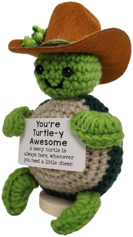 Mini Funny Positive Turtle Crochet Animals with Stand- Emotional Support Plush Positive Animal, Elephant Gifts for Girls Women, Funny Handmade Christmas Birthday Gifts