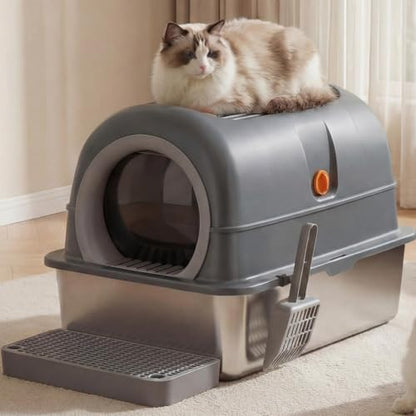 OLIXIS Stainless Steel Enclosed Litter Box with Lid, High Sided