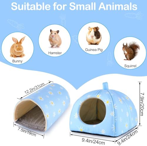 Guinea Pig Hideout, Bienbee Washable Rabbit Bed with Guinea Pig Tunnel, 2 Pack Guinea Pigs Toys Set Bunny Hideout Cage Accessories for Hamster Ferret Rabbits Bunny, Blue Daisy
