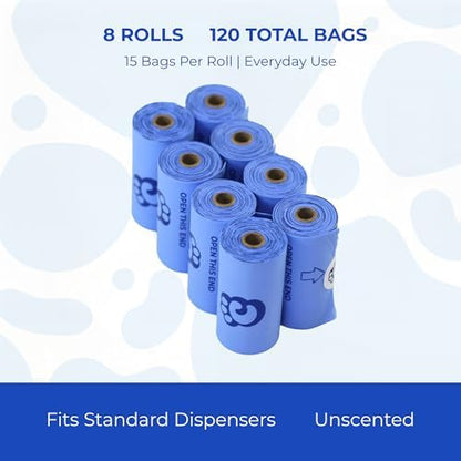 Eco-Friendly Dog Poop Bags – 120 Unscented Cornstarch Bags (8 Rolls, 9x13), Leak-Proof – Earth-Safe Pet Waste Bags
