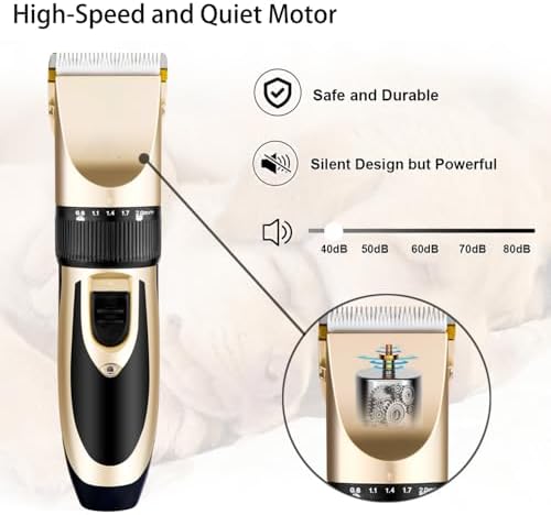 Highdas Dog Clippers for Grooming Low Noise, Cordless Electric Dog Grooming Kit Clippers Rechargeable, Quiet Dog Shaver, Pet Hair Trimmer Kit for Dogs & Cats (Gold)