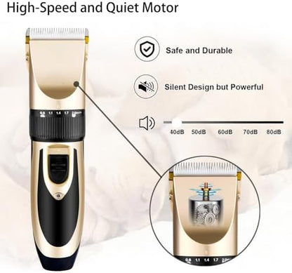 Highdas Dog Clippers for Grooming Low Noise, Cordless Electric Dog Grooming Kit Clippers Rechargeable, Quiet Dog Shaver, Pet Hair Trimmer Kit for Dogs & Cats (Gold)