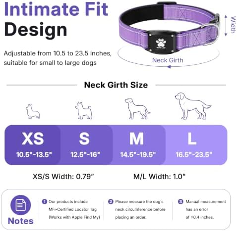 GPS Dog Collar with Tracker, Waterproof, No Monthly Fee, Purple, L
