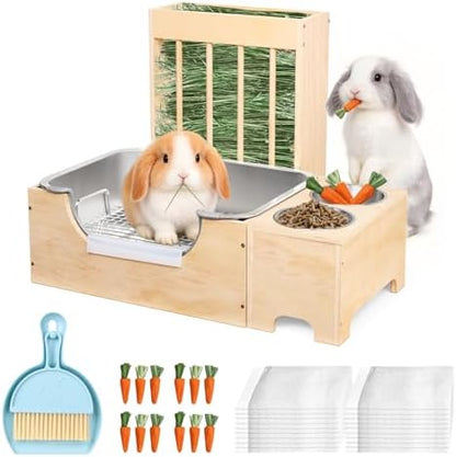3-in-1 Rabbit Hay Feeder with Stainless Steel Litter Box, Wooden Bunny Hay Rack & Food Bowl Stand Combo, Low Entry Potty Trainer for Guinea Pigs, Includes 20 Pee Pads & 12 Carrot Treats