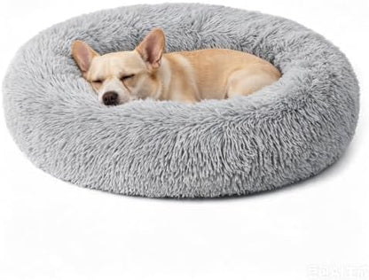 Calming Large Donut Dog and Cat Bed, Anti-Anxiety Round Soft Fluffy Plush Faux Fur Washable Anti-Slip Pet Bed for Medium Dogs Up to 35 lbs 28in Gray