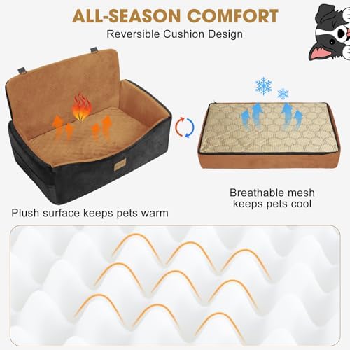 Dog Car Seat for Large Medium Sized Dogs Under 55 lbs, Dog Booster Seat for 2 Small Dogs with Detachable Washable Cover and Cushion, Memory Foam Pet Car Seat with 2 Safety Belts and Storage Pockets