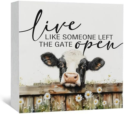 Live like Someone Left the Gate Open Cow Sign, Farm House Cottagecore Cow Wooden Signs, Rustic Farmhouse Wood Sign Home Decor, Farm Cow Decor For Office Bedroom Kitchen