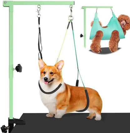 getlstub Dog Grooming Arm with Pet Grooming Hammock, 35" Pet Grooming Table Arm with Adjustable No Sit Haunch Holders, Dog Grooming Stand with Loop Noose for Small and Medium Pets, Green