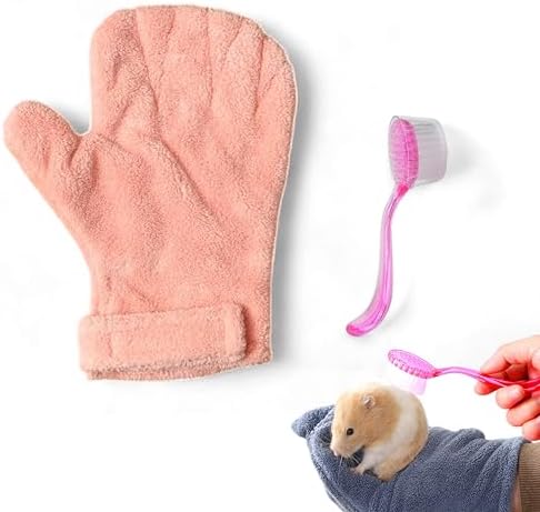 Hamster Calming Bite Proof Gloves and Grooming Brush Set, Hamster Bite Resistant Gloves Massage Brushes, Anti-Bite Glove Grooming Supplies For Small Animals Rabbit Rat Sugar Glider (Pink)