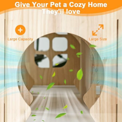 Large Natural Wooden Rabbit Castle,Bunny House,Detachable Rabbit Hideaway, Indoor Hamster Castle with Ramp, Small Animal Houses & Habitats for Guinea Pig Chinchilla Ferret