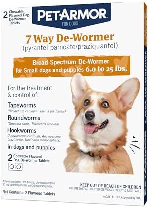PetArmor 7 Way De-Wormer for Dogs, Oral Treatment of Tapeworm, Roundworm & Hookworm, Dewormer for Puppies & Small Dogs (6-25 lbs), Worm Remover (Praziquantel & Pyrantel Pamoate), 2 Flavored Chewables