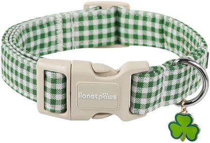 Lionet Paws St. Patrick Dog Collar, Comfortable Adjustable Green Collar with Green and White Grid Pattern for X-Small Male Female Puppies Dogs Collars, Neck 8-12 inches